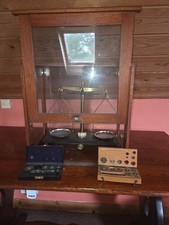 Large Pharmacy/ Laboratory Scales Wooden glass display, with 3 boxes of weights