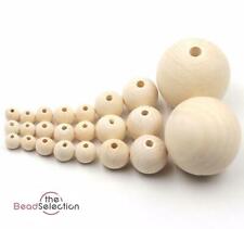 NATURAL ROUND WOODEN BEADS 8mm - 40mm UNTREATED PLAIN WOOD LARGE HOLE 