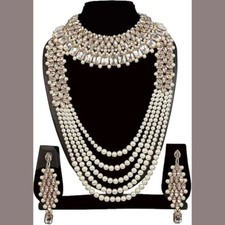 Pearls Multi layers Long Necklace Earrings Tikka teeka headpiece mala rani haar
