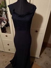 MISSGUIDED Long Stretch Dress UK Size 12 Navy Blue Sleeveless Strappy Lace Trim