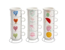 SET OF 4 MUGS CERAMIC STACKABLE MUGS AND STAND DRINKING CUP TEA COFFEE STACK MUG