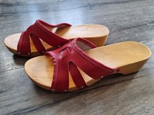 Red Leather Clogs Mules Wooden