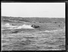 Three outboard motor boats speeding along Middle Harbour, Sydney, 2- Old Photo
