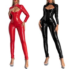 UK Womans Wet Look PU Leather Catsuit Hollow Out Sexy Jumpsuit Bodysuit Clubwear