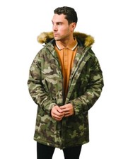 Lambretta Mens Green Camo Retro Fishtail Parka Fur Hooded Coat Jacket (S-4XL)