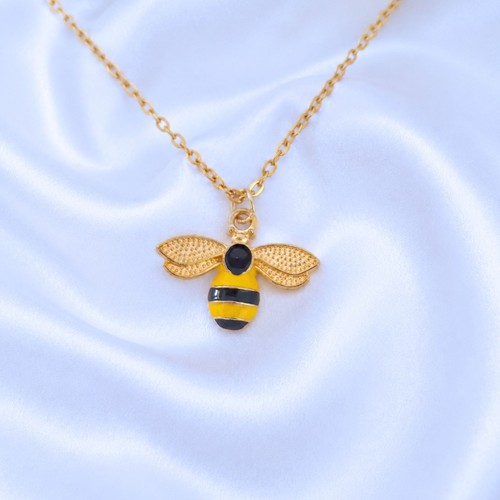Gold bee enamel necklace - gold,