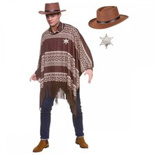 Mens Western Cowboy Poncho +Gunslinger Hat + Sheriff Badge Wild West Fancy Dress