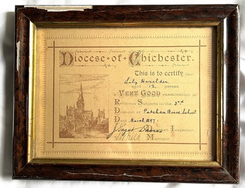Old framed certificate - old, patcham