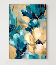 Gold & Blue Flower Blend Canvas Wall Art Print Framed Picture Decor Living Room