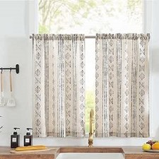 Boho Linen Blend Kitchen Curtains 36 Inch Drop Small Cafe Light Filtering 2 pcs