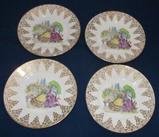 4 EARLY ENGLISH CHINA CRINOLINE LADY PLATES WITH 22K GOLD DETAIL GOOD CONDITION