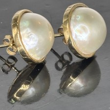 Vintage, Large Mabe Pearl 9 K Gold Earrings- Stud Backs- Jeweler Authenticated!