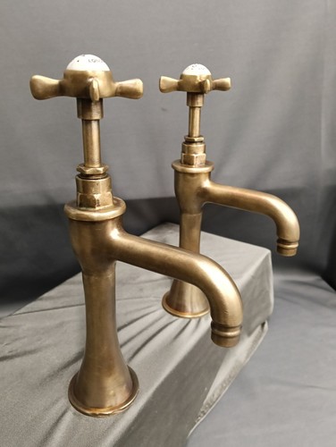 Aged bare brass pillar taps - brass,