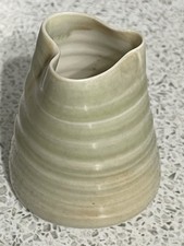 MINI PORCELAIN RIBBED PALE GREEN CREAM / MILK JUG HEART SHAPE TOP IMPRESSED MARK
