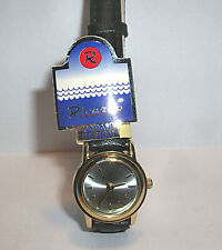 "RICARDO" LADIES SMALL SIZE GOLD COLOUR BLACK STRAP WATCH - SILVERTONE FACE