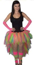 NEON MULTICOLOUR TUTU SKIRT LONG BACK LEG WARMERS GLOVES ALL SIZE 80S BRIDE HEN 
