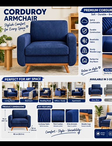 Navy blue corduroy armchair - blue,