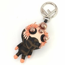 Fendi Zucca Space Monkey Bag Charm 7AR674 Khaki Pink Canvas Leather Keychain Key