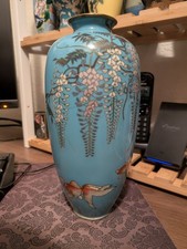 Very Fine Meiji Silver Wire Cloisonné Vase Featuring Ginbari Fish & Wisteria