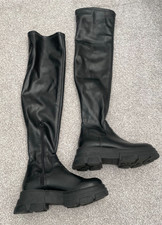 STRADIVARIUS Faux Leather Thigh Length Chunky Boots Size Uk 5 Eu 38 