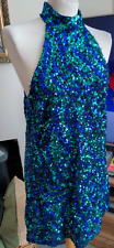 Zara Stunning Blue & Green Sequin Halter Neck Mini Dress Bloggers Fav M 