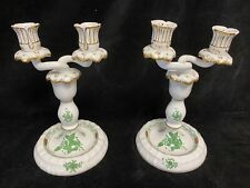 PAIR of HEREND PORCELAIN Twin Candle Holders Candelabras Green Chinese Bouquet