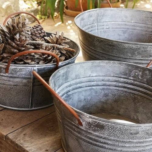Round zinc planter bowl - zinc, w/