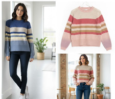 Ladies Marks Funnel Neck Jumper Long Sleeve Pink Blue Striped  Knit Soft Sweater