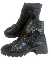 Black Patent Croc Look Ankle Boots UK 7 Zip& 3 Buckle Fastening- Krush