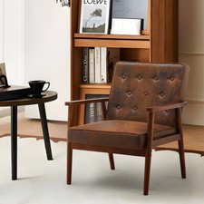 Retro Tan Distressed Leather Armchair Accent Chair Wooden Frame Tub Sofa Bedroom