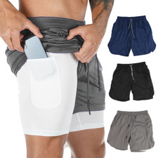 Mens 2 in 1 Sports Running Shorts Gym Training Fitness Bottoms With Pockets