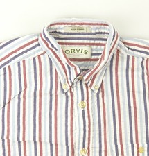 Orvis Short Sleeve Shirt Mens Size L Large Striped Cotton Red Blue White India