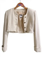 Zara Cropped Boucle Tweed Jacket with Gold Buttons - Cream/Off-White - Size M