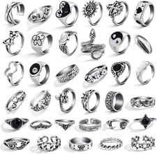 26-35 Pcs Vintage Silver Knuckle Rings Set for Women Men, Grunge Gothic Rings Ch
