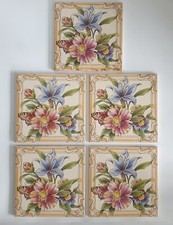 Set of 5 Victorian Style Tiles Transfer-Print & Tint Floral Reproduction