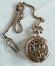 Quartz Gold Tone Pocket Watch on Chain with Train Detail, Locomotive, Working