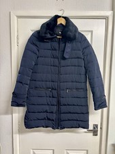 ZARA Women's Navy Blue Puffer Coat with Faux Fur Collar Size Medium