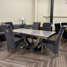 180cm Arial Light Grey Marble Dining Table U Shape and 6 Dark Grey Velvet Chairs