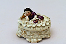 Antique Porcelain Fairing Trinket Box with Lady Figurine, 19th Century, Hand-Pai