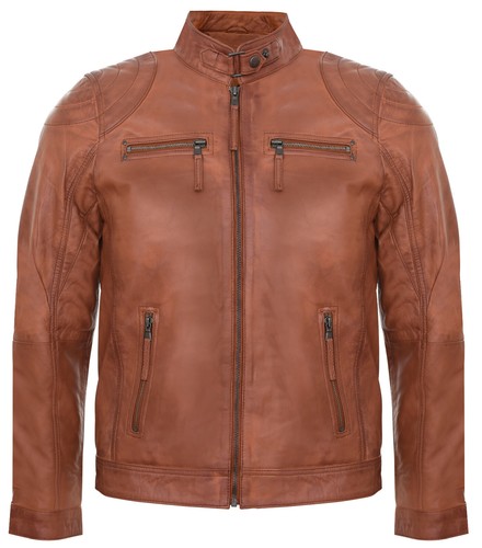 Men tan leather biker jacket - tan,