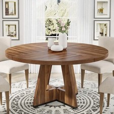 120cm Farmhouse Round Dining Table, Brown Wooden Dining Room/Kitchen Table
