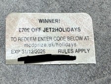 McDonald’s Monopoly Voucher £70 Off Jet2Holidays Unused. Exp 31/12/2025