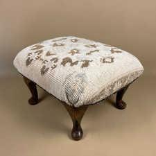 Antique Wooden Stool Upholstered Carpet Kilim Wood Cottage Furniture Cream Brown