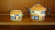 Vintage Beswick Ware Hand Painted Thatched Cottage Tea Pot 240 & sugar bowl 245