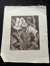 Vintage Linocut/Woodcut Print-Poppy Flowers-Small Unsigned/Unframed