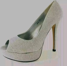 Silver Sparkly Open Toe Platform Stiletto Heel Party Court Shoes UK 7