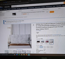 Cream crushed velvet bed headboard stretch slipcover 150cm king