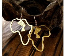 AFRICAN MAP NEFERTITI EGYPTIAN QUEEN DANGLE EARRINGS