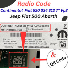 Unlock Code for Jeep Fiat 500 Abarth CONTINENTAL 7" Fiat 520 334 312 Radio Code