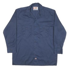 DICKIES Mens Navy Blue Workwear Shirt L Cotton Blend Long Sleeve Button